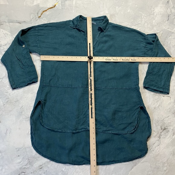 Mep Meli Linen Shirt Womens Sz Medium Button Up Roll Tab Sleeve Lagoon lock - Picture 2 of 6